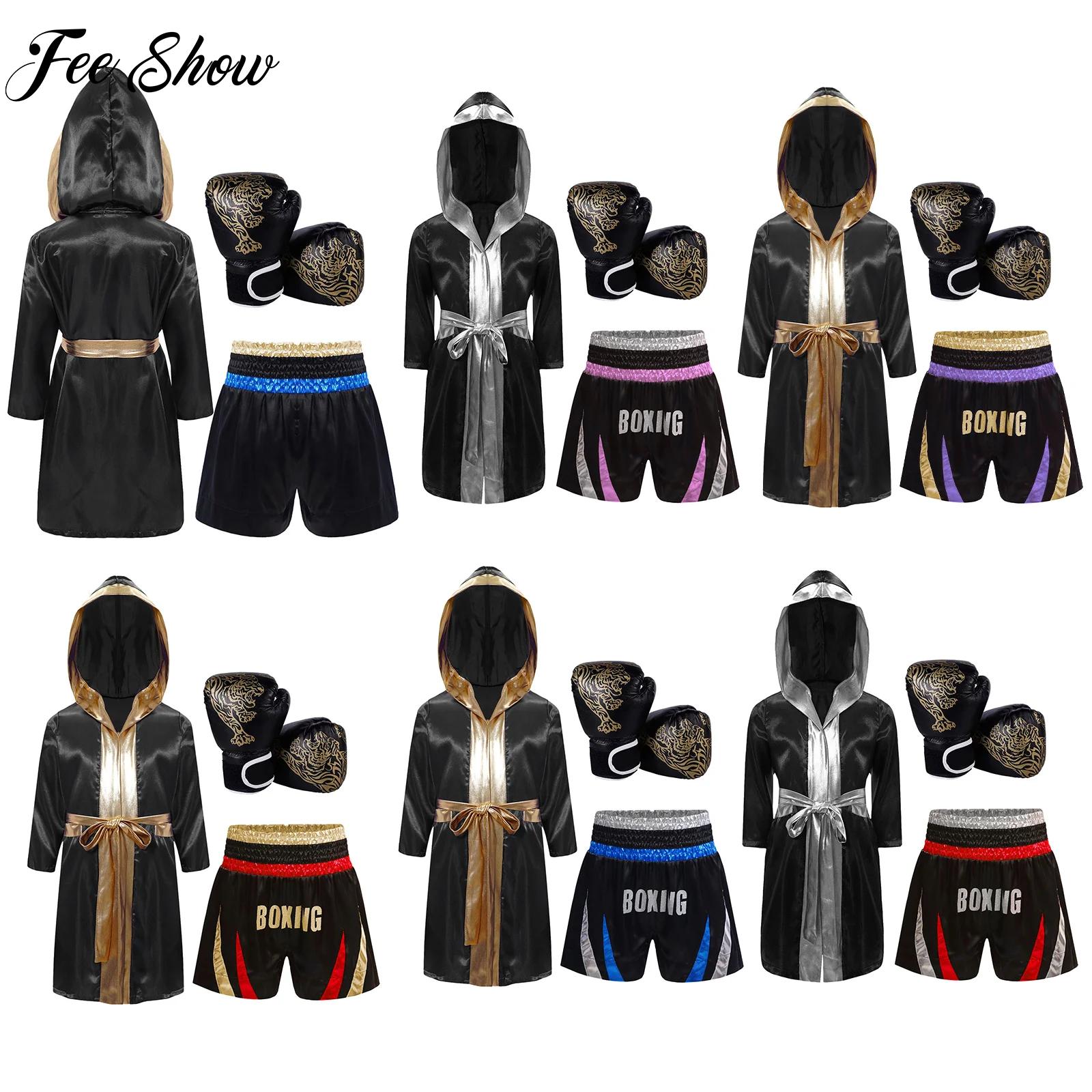 Boxing Glove Set - เด็กชายหญิงมวย Robe การฝึกอบรมชุดแขนยาว Robe เสื้อคลุมกางเกงขาสั้นถุงมือนักมวยชุดสําหรับปาร์ตี้ฮาโลวีนคอสเพลย์