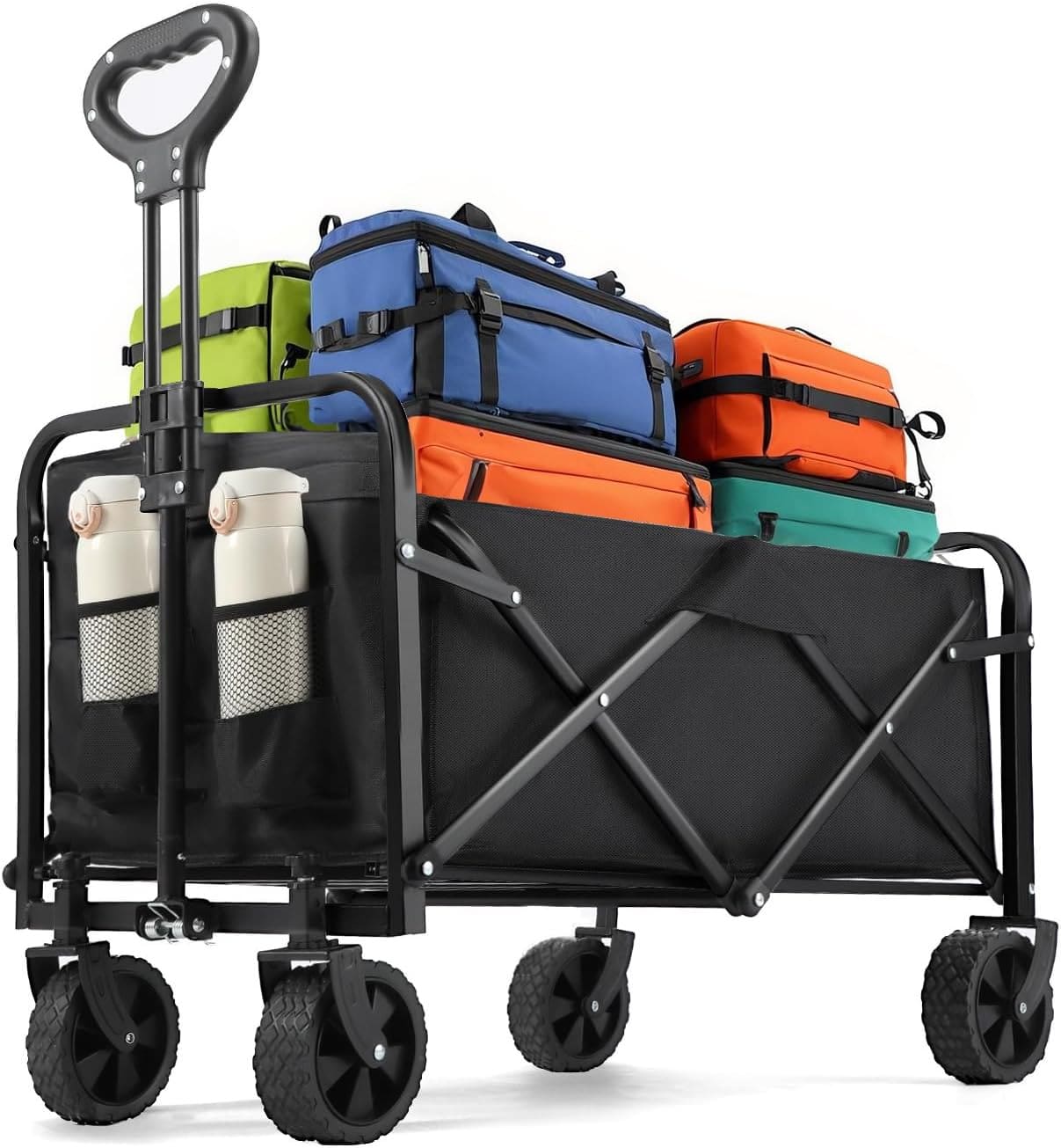 Sports Equipment Wagon - รถเข็นแคมป์ปิ้งแบบพับได้สำหรับทุกสภาพพื้นผิว รับน้ำหนักได้มาก เหมาะสำหรับการขนย้ายอุปกรณ์ในสวน/การช้อปปิ้ง/กีฬา/กิจกรรมกลางแจ้ง/ทำสวน รถเข็นอเนกประสงค์สีดำ